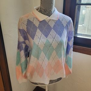 Precious Knits Brand Vintage Preppy Large Argyle Sweater